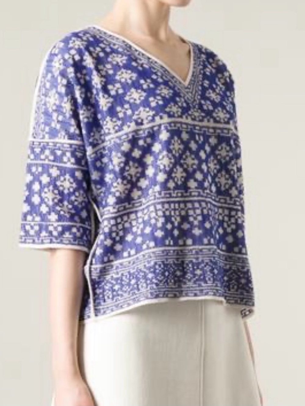 Vintage Y2K Isabel Marant Boho Blue White Cotton Woven V-Neck Women's Top Size M